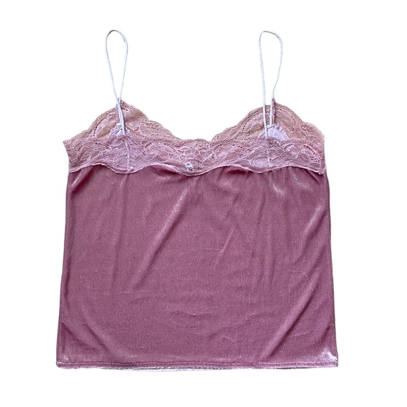 Mauve Pink Spaghetti Strap Lace Detail Velvet Tank Top Medium - Picture 3 of 3